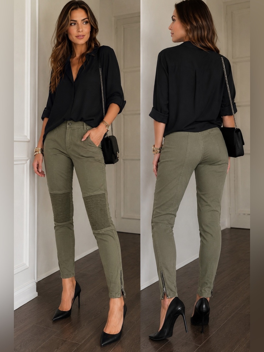 Aritzia Wilfred Allumette Moto Skinny Pants Olive Green Zip Ankle Size 2